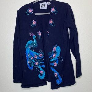 Storybook Knits Navy Cardigan with Peacock Embroidery